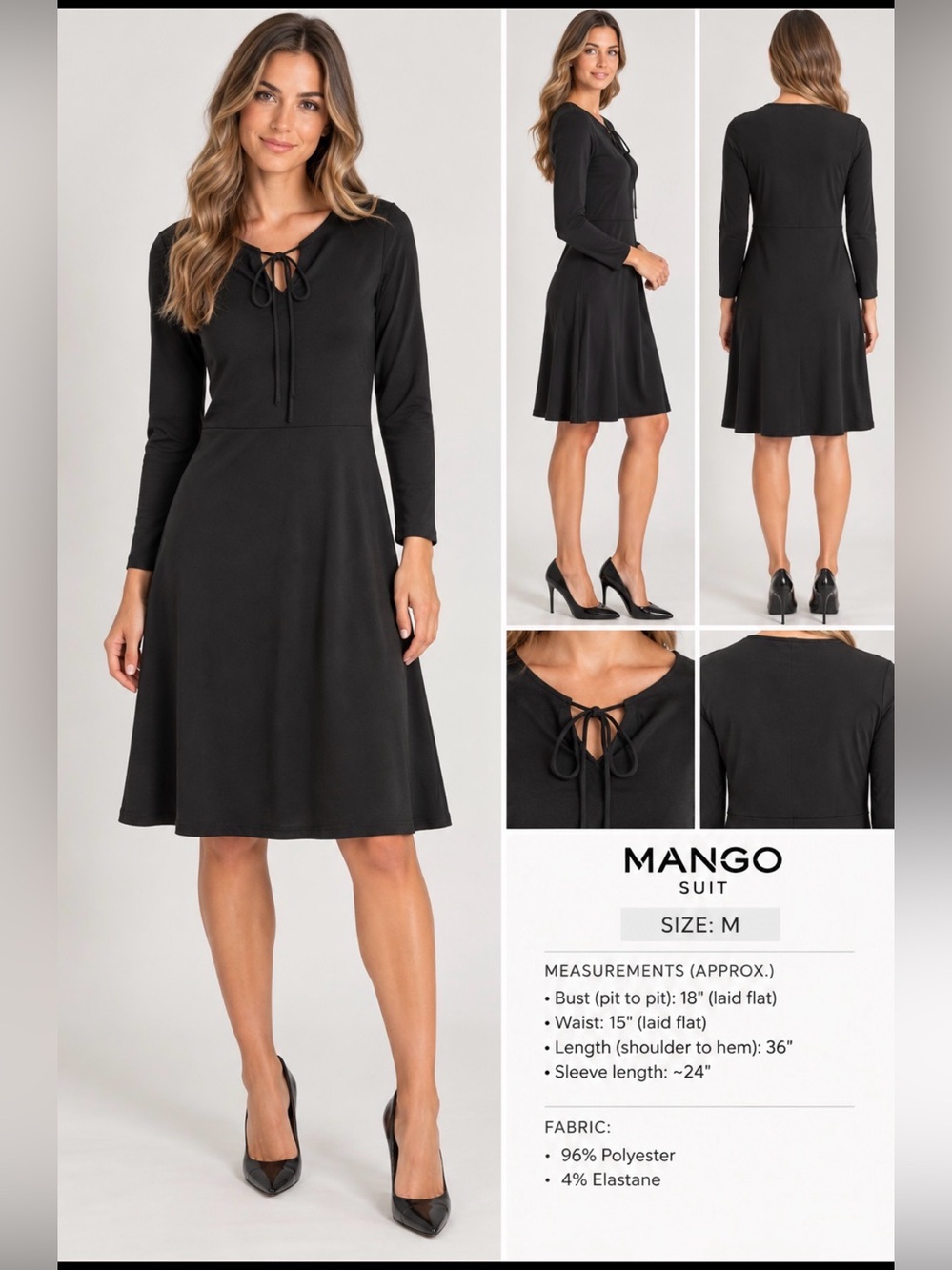 Mango Black Long-Sleeve Tie-Front A-Line Dress, Size M